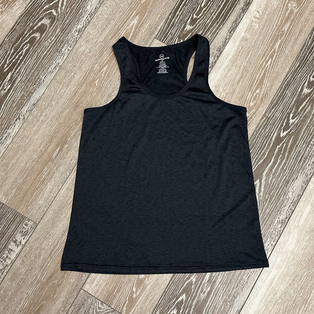 NWOT! Real Essentials Sz M Racerback Tank Top Dry Fit Space Dye Black